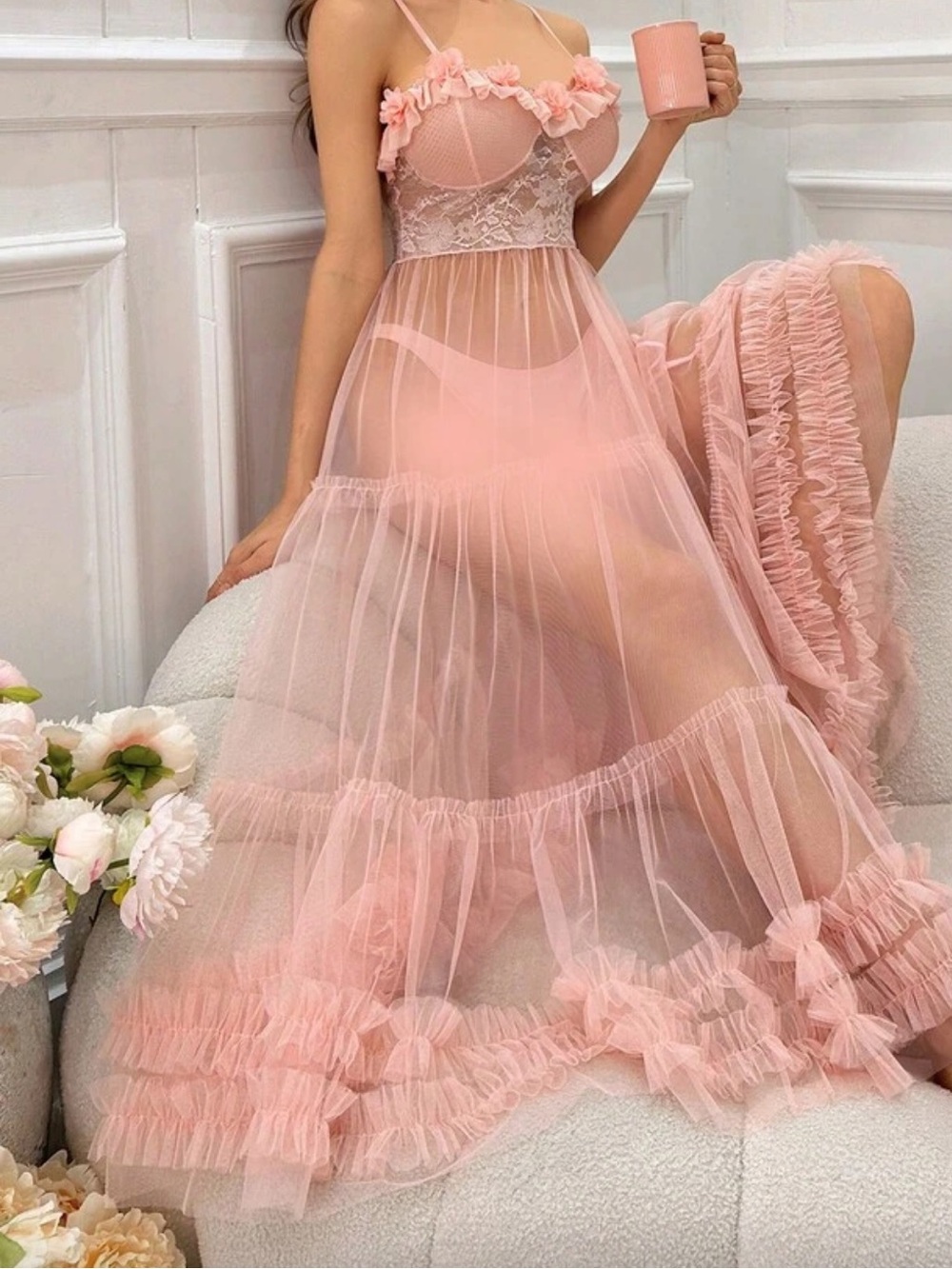 Sheer Pink Ruffle Maxi Lingerie Dress